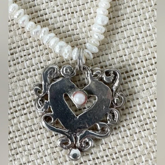 Genuine Biwi Pearl Necklace & Sterling Silver Heart Pendant White 24